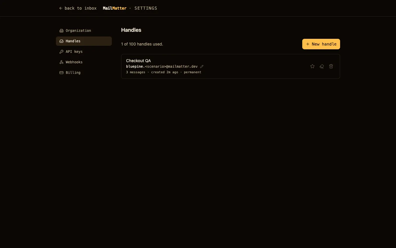 Settings → Handles: each handle with its address pattern, message count, and label/empty/release actions
