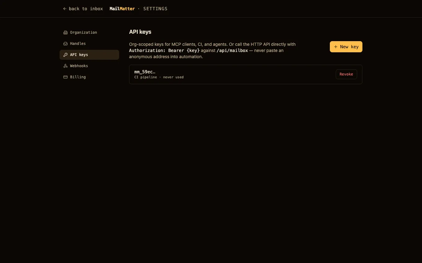 Settings → API keys: org-scoped keys with labels, last-used stamps, and revoke