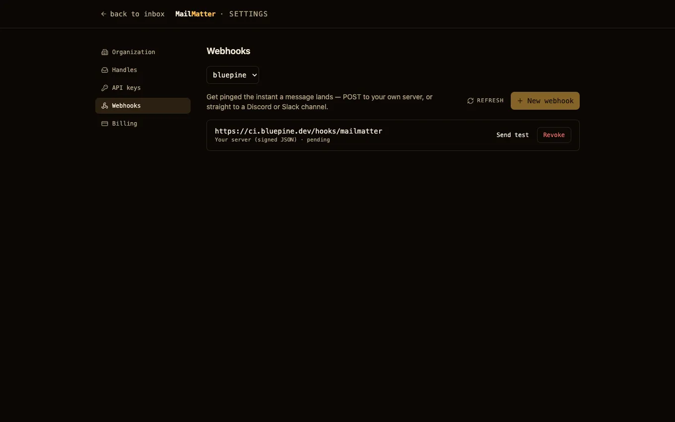 Settings → Webhooks: the handle picker, the endpoint with its format and delivery status, and the send-test action