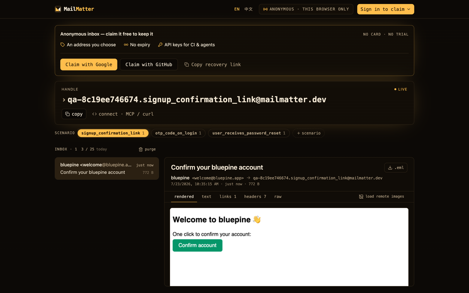 The MailMatter inbox: one handle, scenario chips for each test flow, and a rendered message with links kept inert